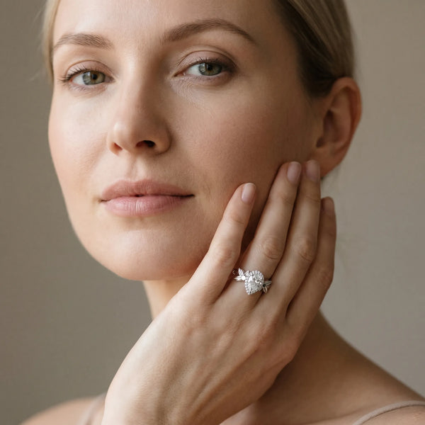White gold Pear Halo Diamond Floral Band with Four-Prong Setting