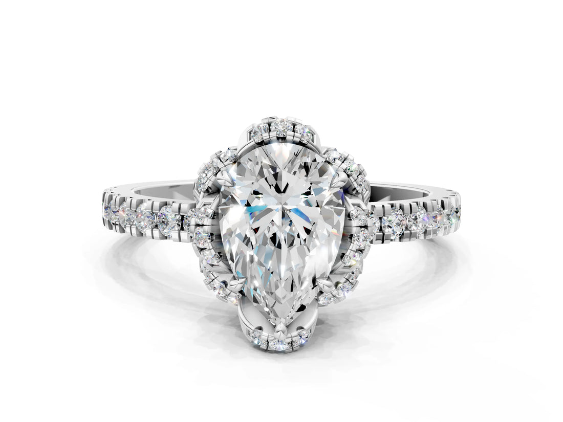 White gold Pear Halo Diamond Pave Band Ring with Four-Prong Setting_15