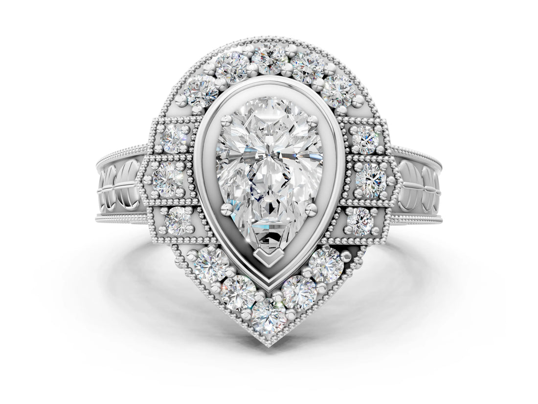 White gold Pear Halo Diamond Ring with Milgrain Bezel and Prong Setting_6
