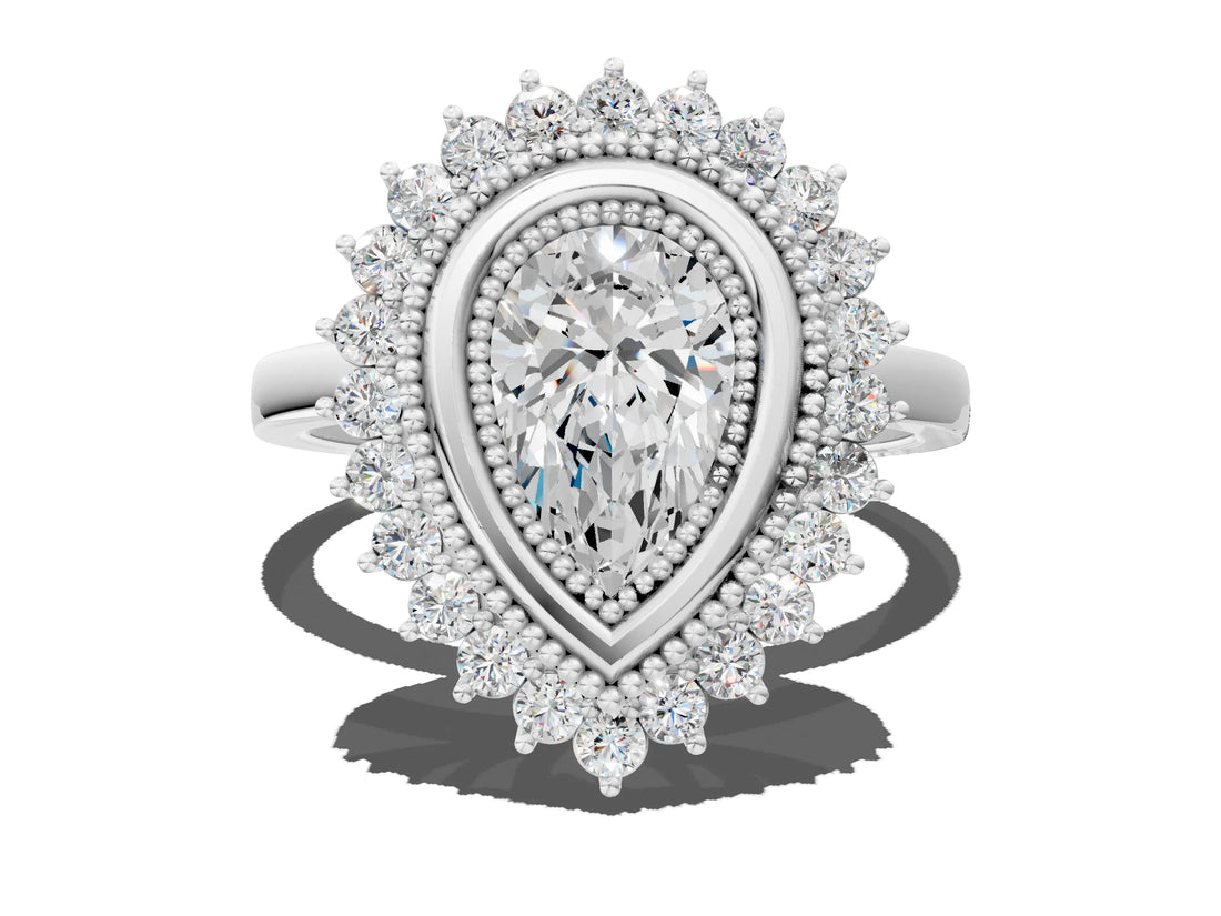 White gold Pear Halo Diamond Ring with Milgrain Edge and Round Prong Setting_26