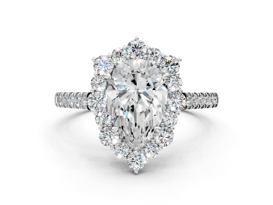 White gold Pear Halo Diamond Ring with Pavé Band and Prong Setting