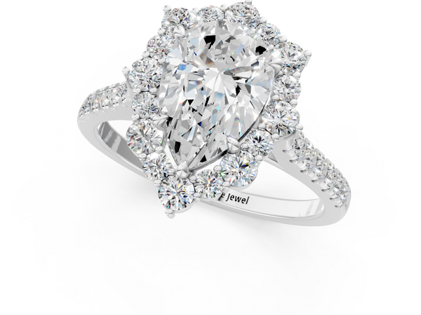 White gold Pear Halo Diamond Ring with Pavé Band and Prong Setting