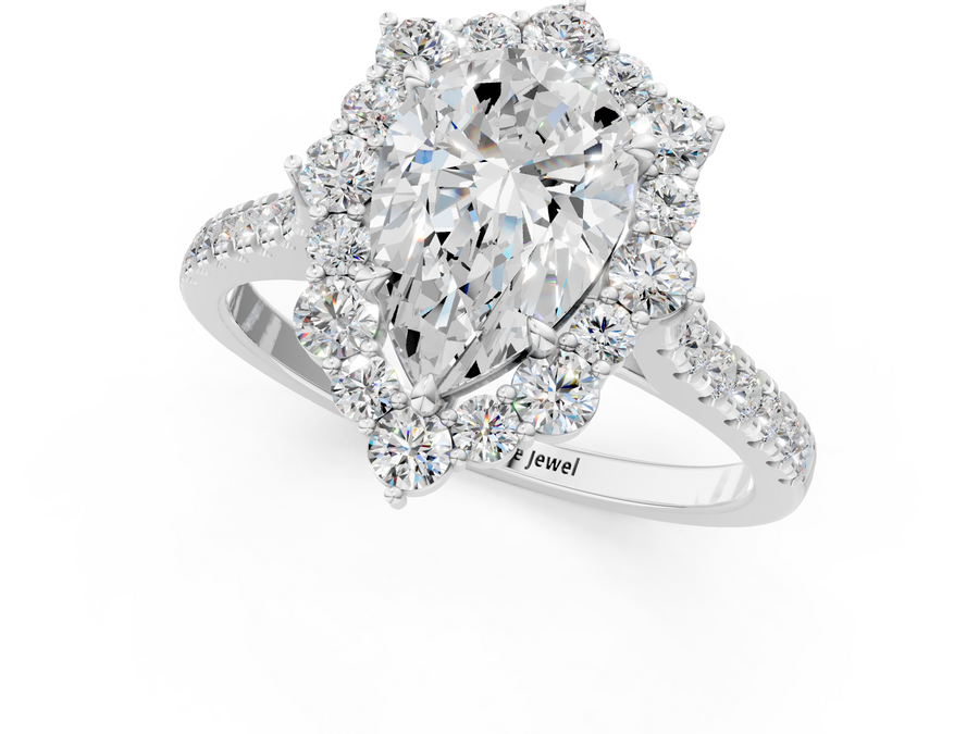 White gold Pear Halo Diamond Ring with Pavé Band and Prong Setting