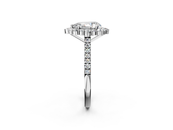 White gold Pear Halo Diamond Ring with Pavé Band and Prong Setting