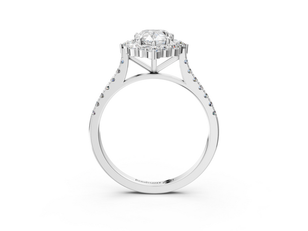 White gold Pear Halo Diamond Ring with Pavé Band and Prong Setting