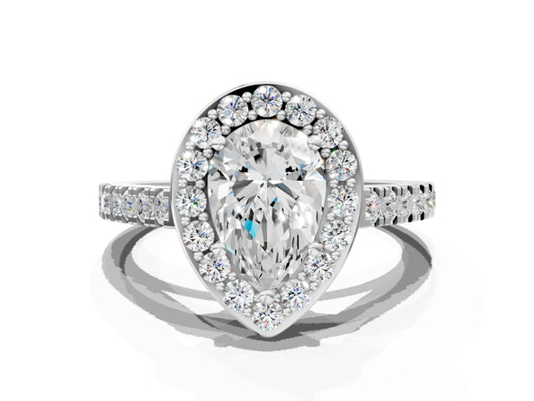 White gold Pear Cut Diamond Halo Ring with Round Pavé Split Shank and Prong Setting