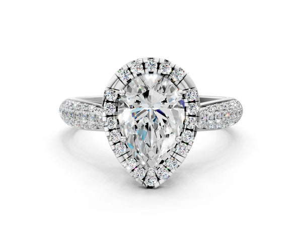 White gold Pear Halo Diamond Ring with Pavé Band