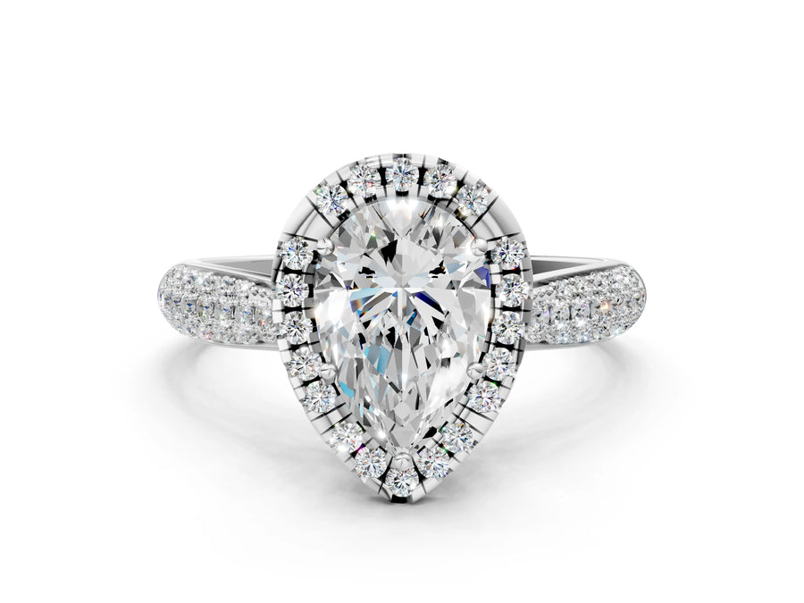 White gold Pear Halo Diamond Ring with Pavé Band