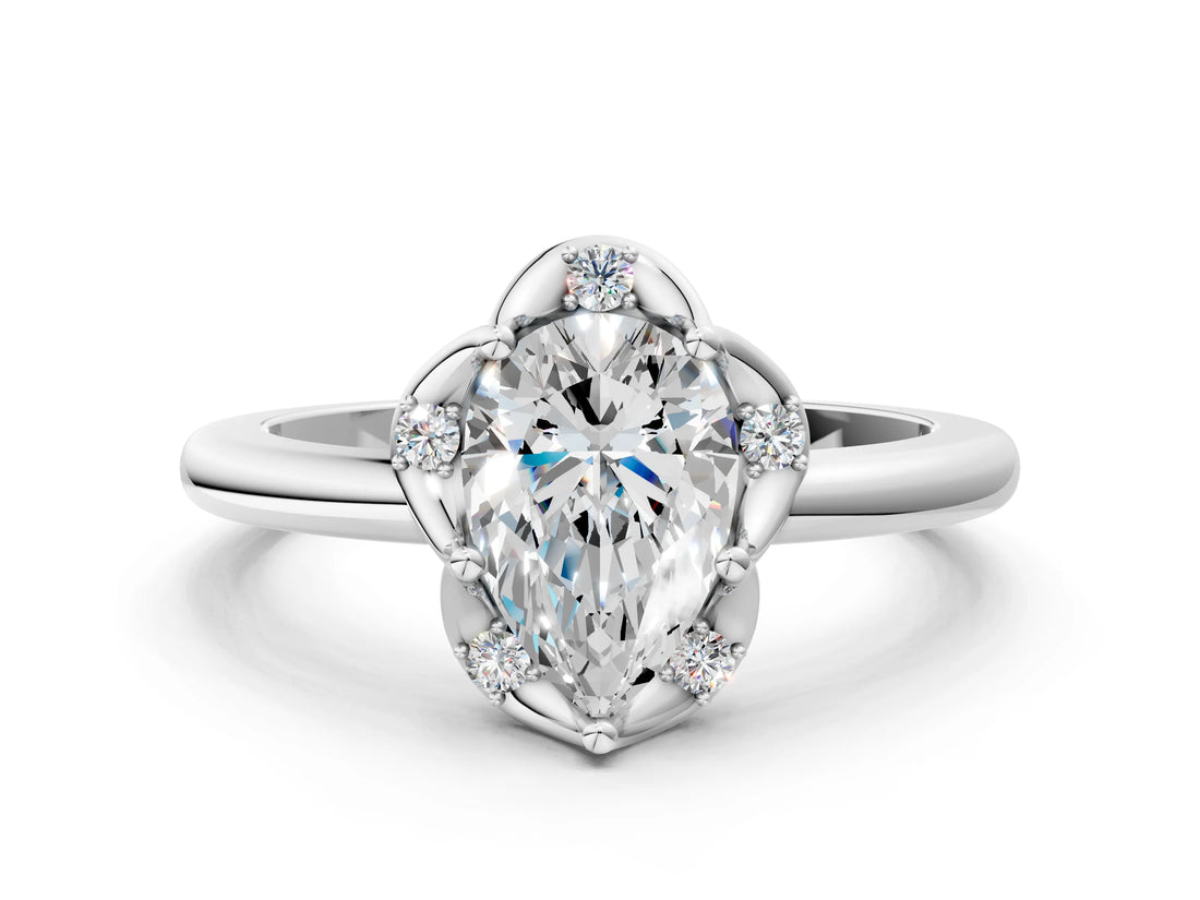 White gold Pear Halo Diamond Ring with Round Cluster Setting, Solitaire Band, and Four-Prong Setting_85