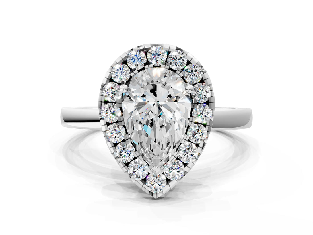 White gold Pear Halo Diamond Solitaire with Pavé Band and Four-Prong Setting_108