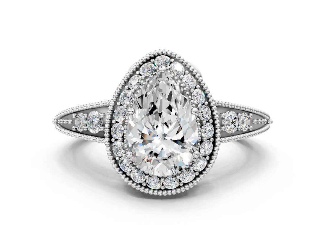 White gold Pear Halo Diamond Split Shank Ring with Milgrain Detail_49