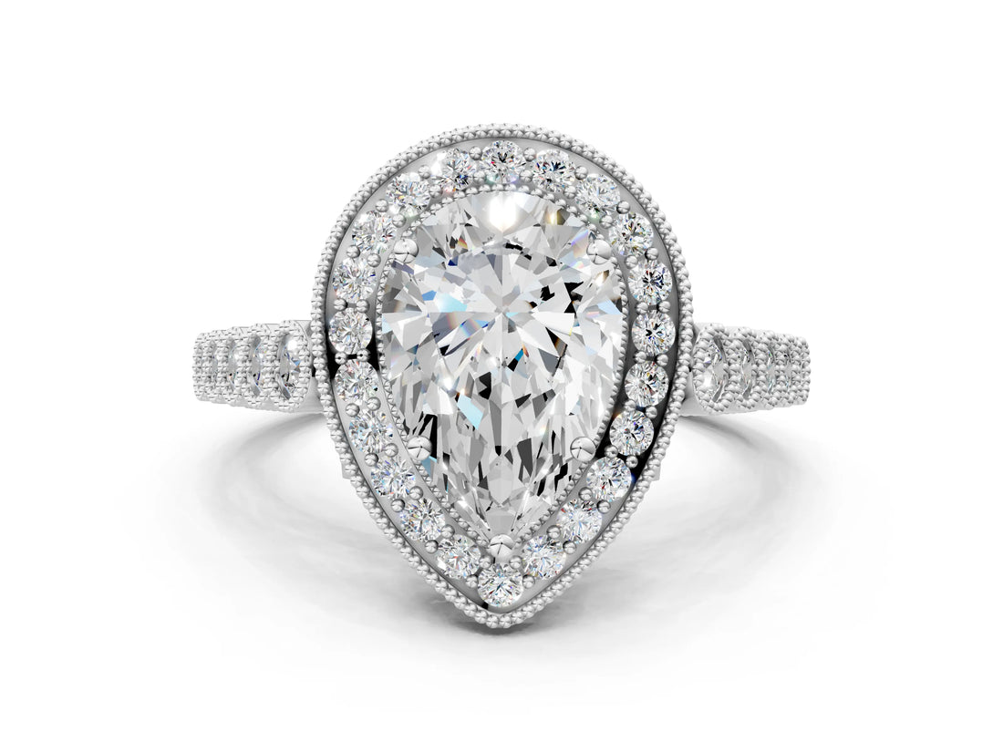 White gold Pear Halo Milgrain Solitaire with Bezel Set Side Stones and Pave Band_32