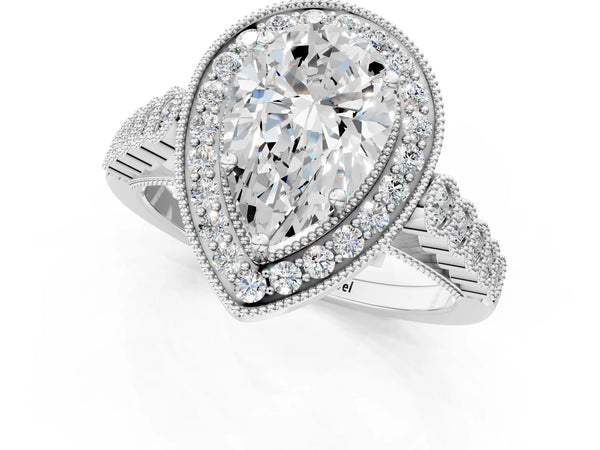 White gold Pear Halo Milgrain Solitaire with Bezel Set Side Stones and Pave Band