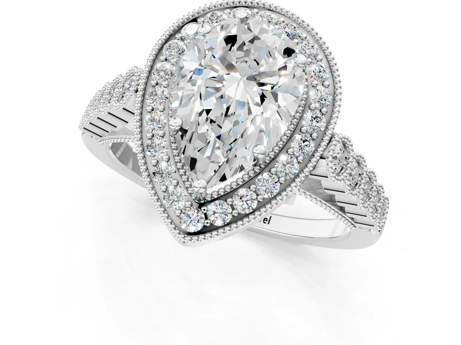 White gold Pear Halo Milgrain Solitaire with Bezel Set Side Stones and Pave Band