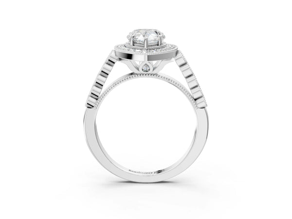 White gold Pear Halo Milgrain Solitaire with Bezel Set Side Stones and Pave Band
