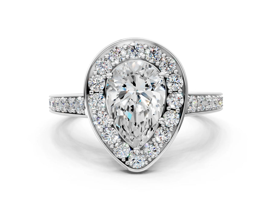 White gold Pear Halo Pavé Diamond Engagement Ring with Bezel Setting