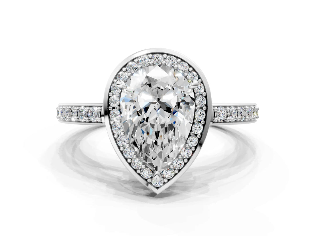 White gold Pear Halo Pave Band Solitaire Ring with Prong Setting_65