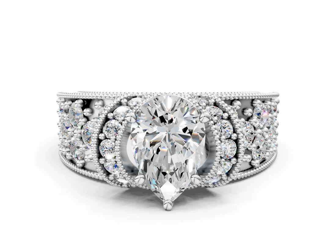White gold Pear Halo Pave Diamond Engagement Ring with Milgrain Detailing_49