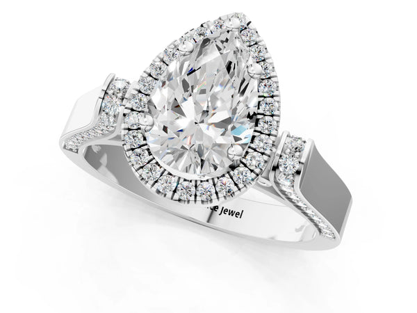 White Gold Pear-Shaped Halo Engagement Ring Setting with Pave Panel Shoulders