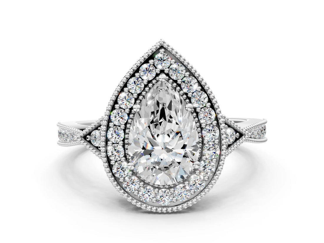 White gold Pear Halo Round Diamond Milgrain Pave Engagement Ring_9