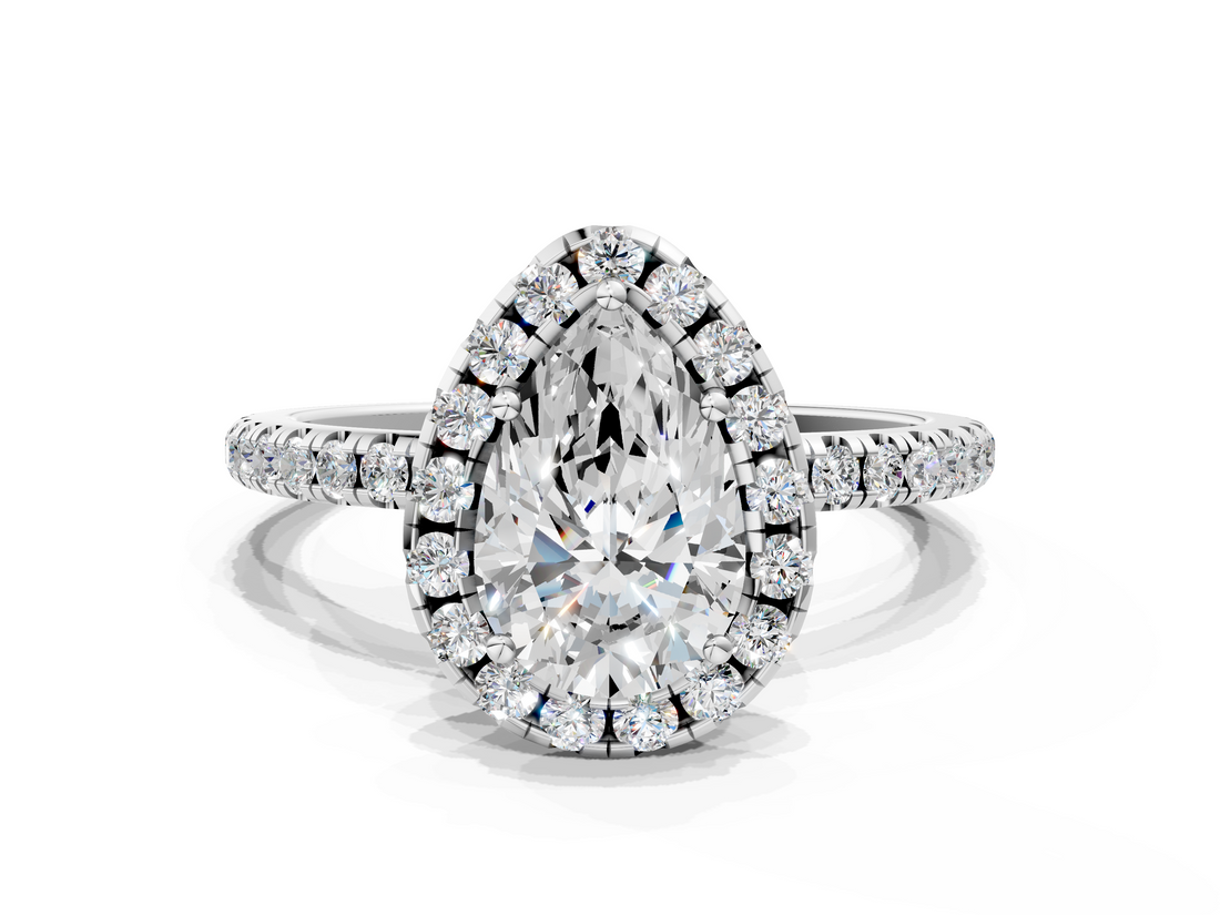 White gold Pear Halo Round Diamond Pavé Band Four-Prong Ring_3