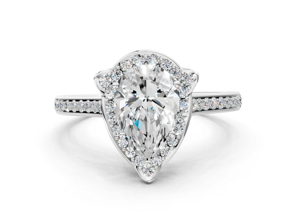 White gold Pear Halo Round Diamond Pave Band with Four-Prong Setting