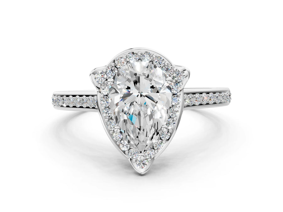 White gold Pear Halo Round Diamond Pave Band with Four-Prong Setting