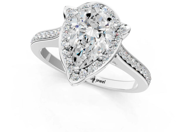 White gold Pear Halo Round Diamond Pave Band with Four-Prong Setting