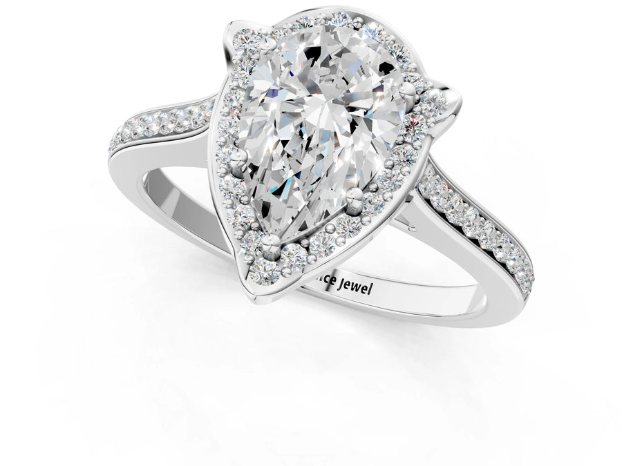 White gold Pear Halo Round Diamond Pave Band with Four-Prong Setting