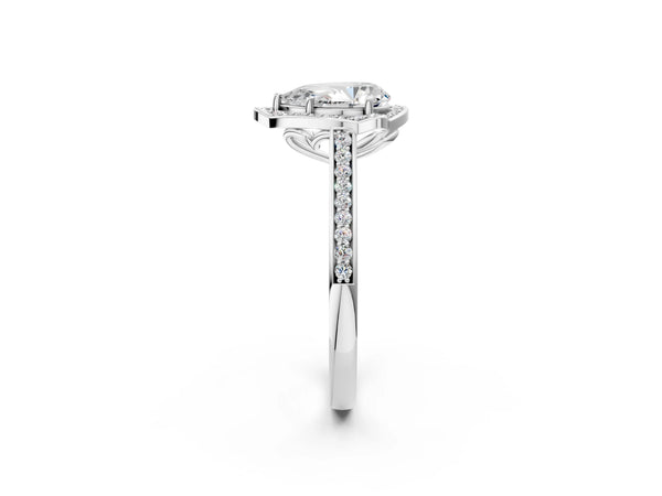 White gold Pear Halo Round Diamond Pave Band with Four-Prong Setting