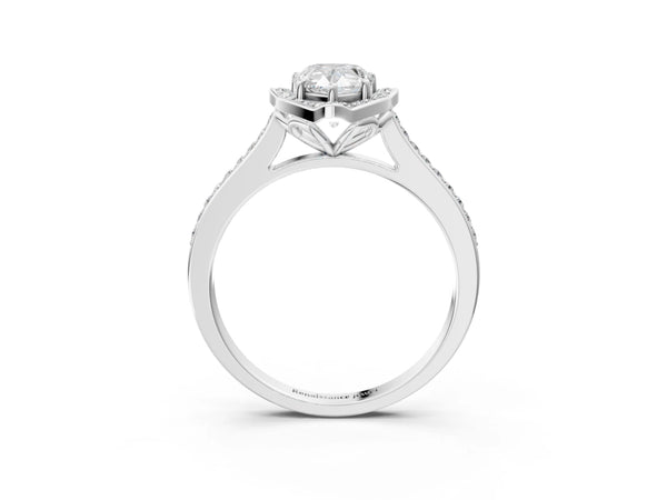 White gold Pear Halo Round Diamond Pave Band with Four-Prong Setting