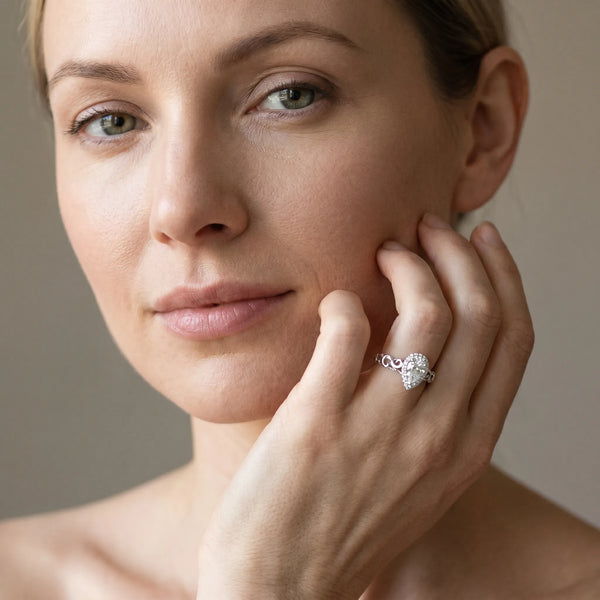 White gold Pear Halo Scrollwork Engagement Ring with Prong Setting