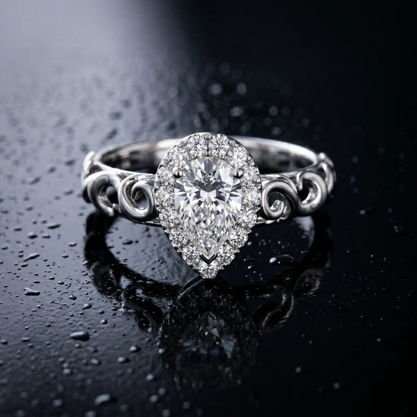 White gold Pear Halo Scrollwork Engagement Ring with Prong Setting