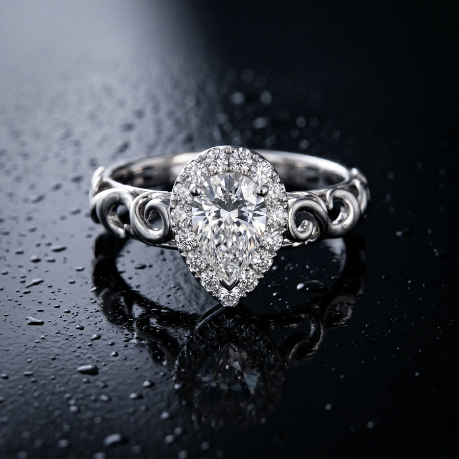 White gold Pear Halo Scrollwork Engagement Ring with Prong Setting