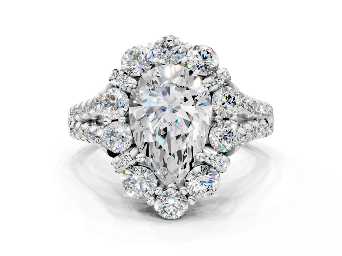 White gold Pear Halo Split Shank Diamond Engagement Ring with Pave Band and Four-Prong Setting_55