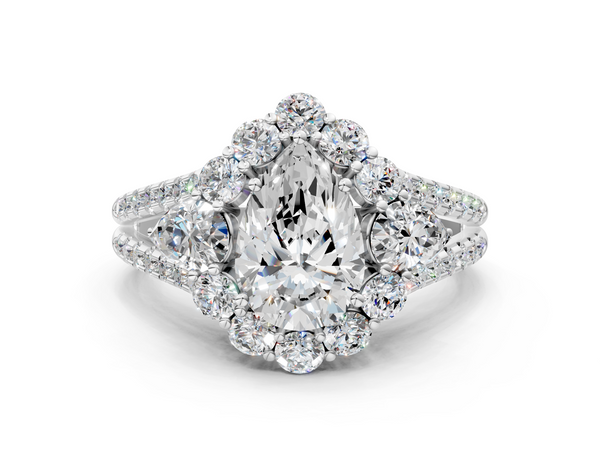 White gold Pear Halo Split Shank Diamond Engagement Ring with Prong Setting