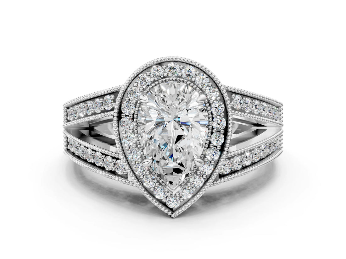White gold Pear Halo Split Shank Diamond Ring with Milgrain Prong Setting_6