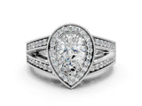 White gold Pear Halo Split Shank Diamond Ring with Milgrain Prong Setting_6
