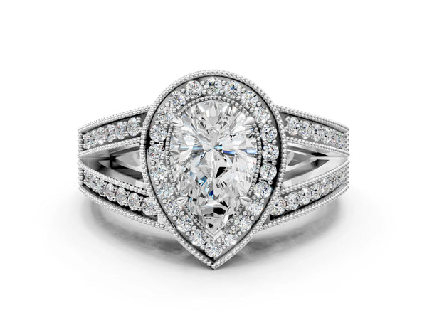 White Gold Pear-Shaped Vintage Milgrain Halo Engagement Ring Setting with Pave Split Shank
