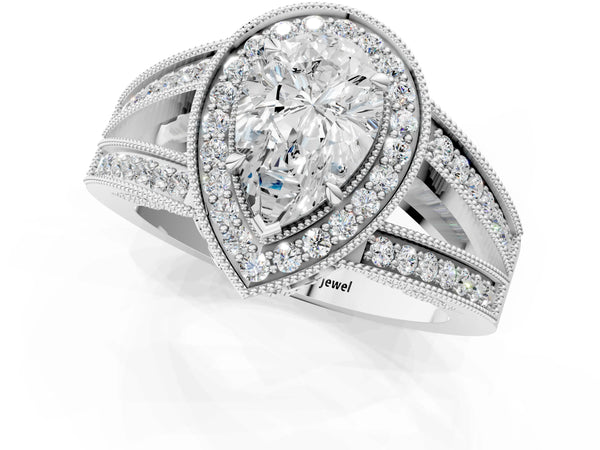 White Gold Pear-Shaped Vintage Milgrain Halo Engagement Ring Setting with Pave Split Shank