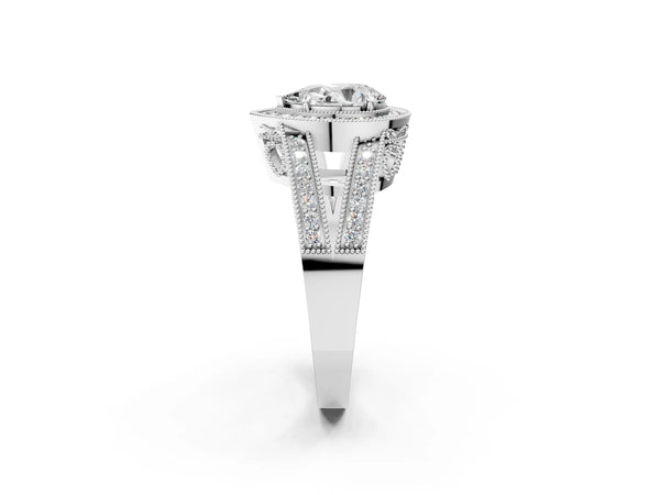 White Gold Pear-Shaped Vintage Milgrain Halo Engagement Ring Setting with Pave Split Shank