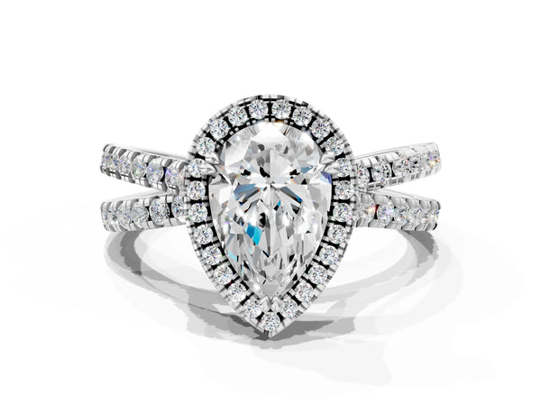 White gold Pear Halo Split Shank Diamond Ring with Pavé Setting
