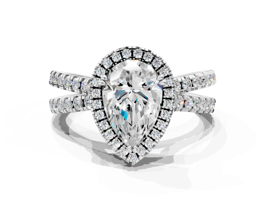 White gold Pear Halo Split Shank Diamond Ring with Pavé Setting