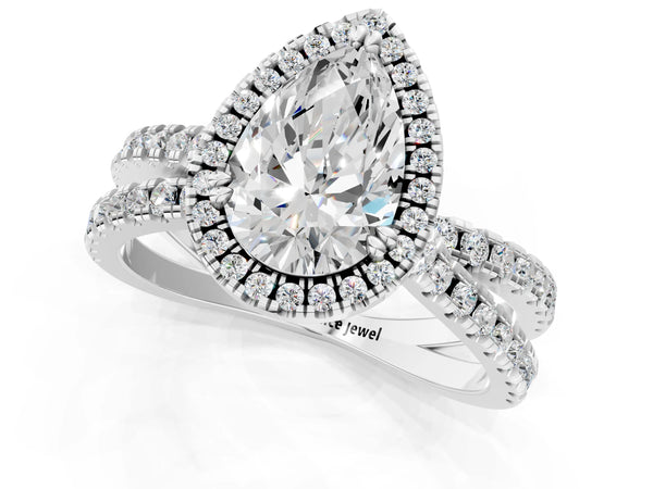 White gold Pear Halo Split Shank Diamond Ring with Pavé Setting