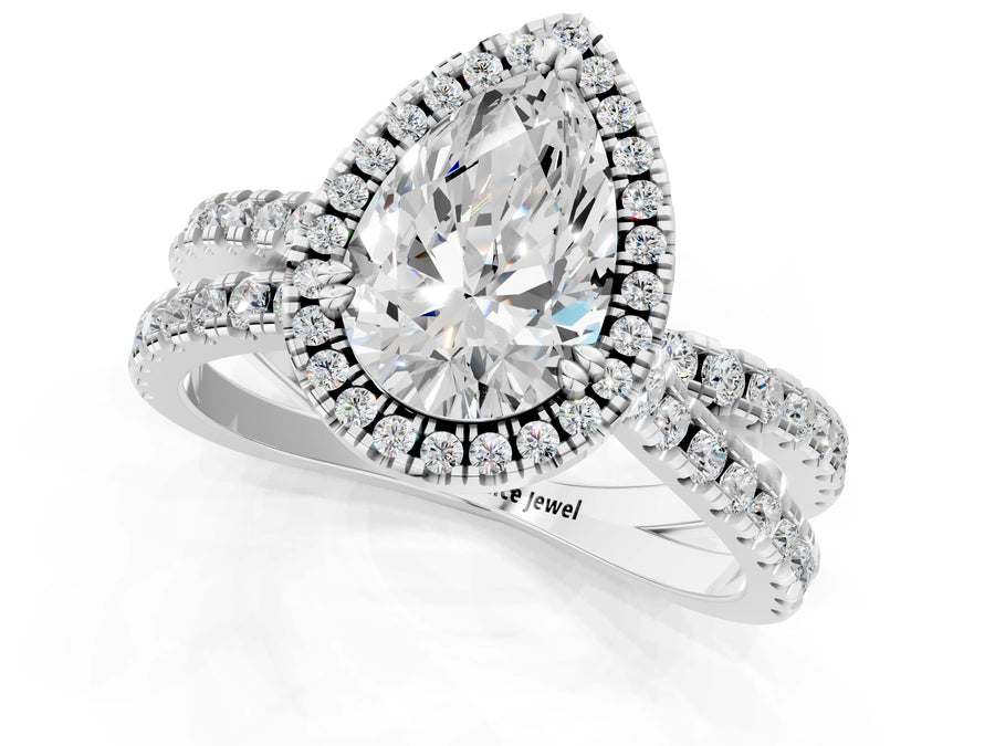 White gold Pear Halo Split Shank Diamond Ring with Pavé Setting