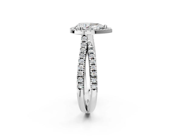 White gold Pear Halo Split Shank Diamond Ring with Pavé Setting