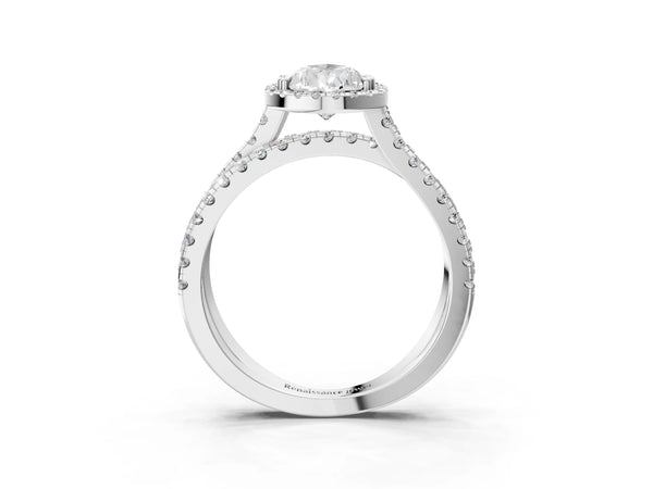 White gold Pear Halo Split Shank Diamond Ring with Pavé Setting