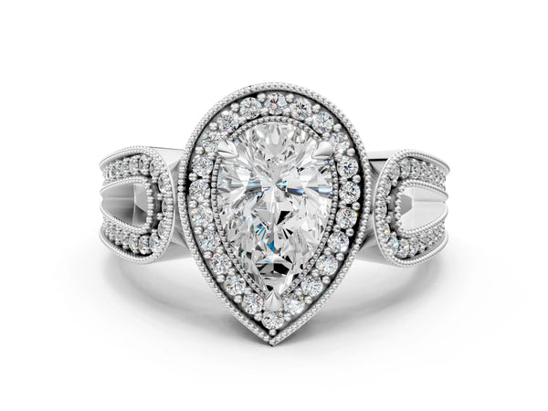 White Gold Pear-Shaped Vintage Milgrain Halo Engagement Ring Setting with Pave Loop Shoulders