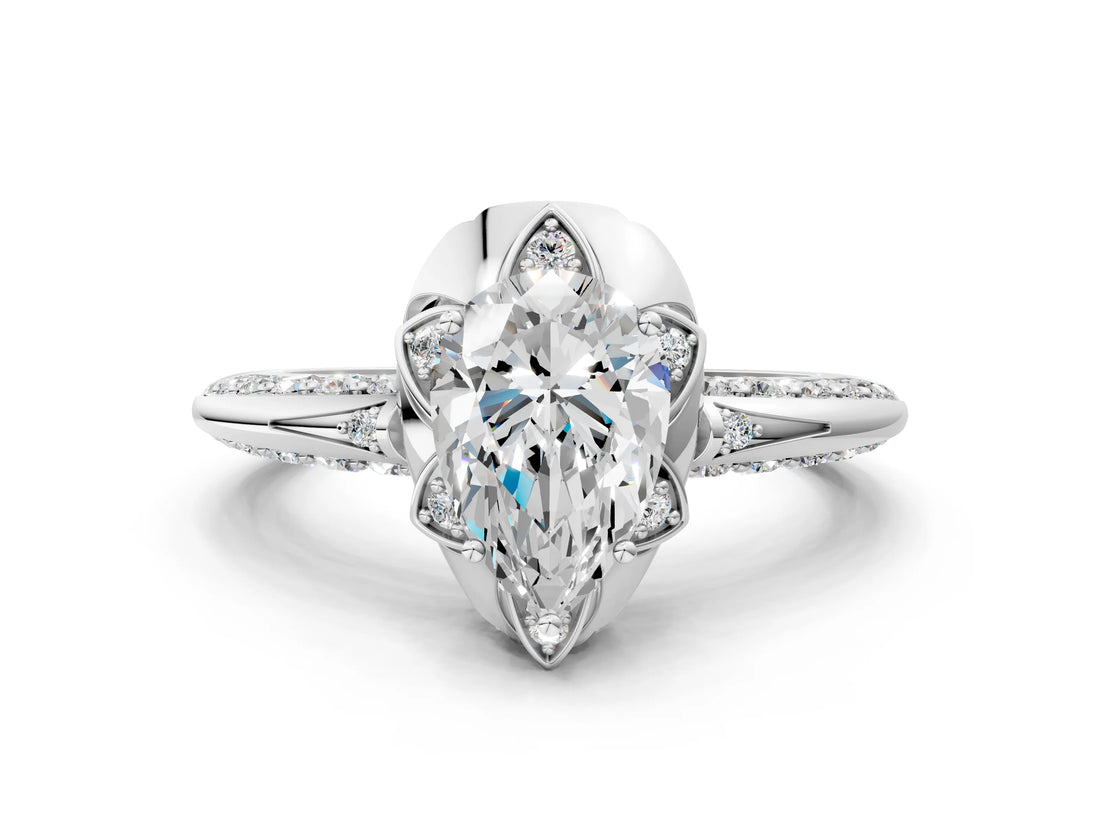 White gold Pear Halo Split Shank Pave Diamond Ring with Petal Prong Setting_21
