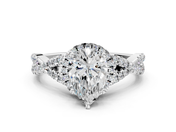 Silver 1.00 Carat F VS1 Pear Halo Twist Band Solitaire Prong Setting Ring